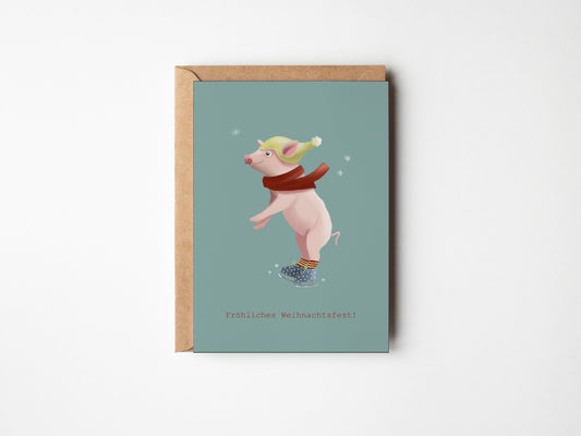 Postkarte Weihnachten/ Schwein Schlittschuhe, A6